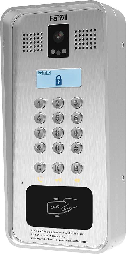 Fanvil i33V video door phone with LCD display, 2 SIP lines, outdoor IP65 rating, suitable for secure building entry.