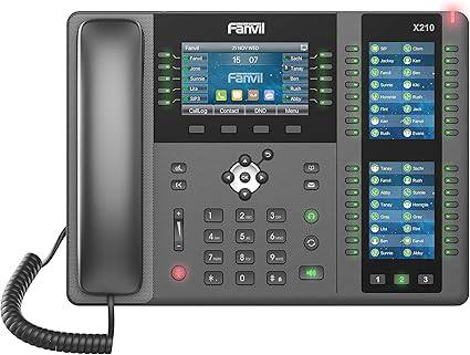 Fanvil X210 enterprise VoIP phone with 4.3-inch color display, side DSS key screens, 20 SIP lines, dual gigabit Ethernet ports.