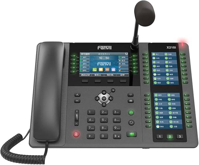 Fanvil X210i Paging Console Phone with 4.3-inch color display, side DSS key screens, dual Gigabit Ethernet ports, and gooseneck microphone.