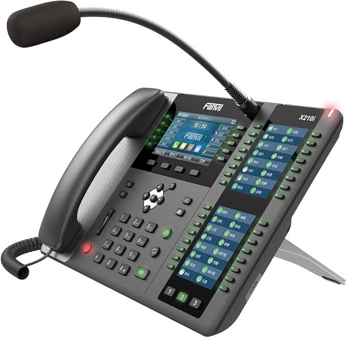 Fanvil X210i Paging Console Phone with 4.3-inch color display, side DSS key screens, dual Gigabit Ethernet ports, and gooseneck microphone.