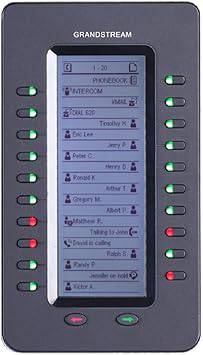 Grandstream GS-GXP2200EXT expansion module with multiple line keys for VoIP phones, shown connected to a VoIP phone.
