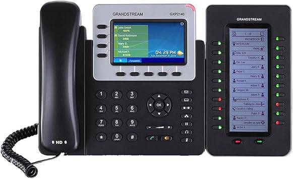 Grandstream GS-GXP2200EXT expansion module with multiple line keys for VoIP phones, shown connected to a VoIP phone.