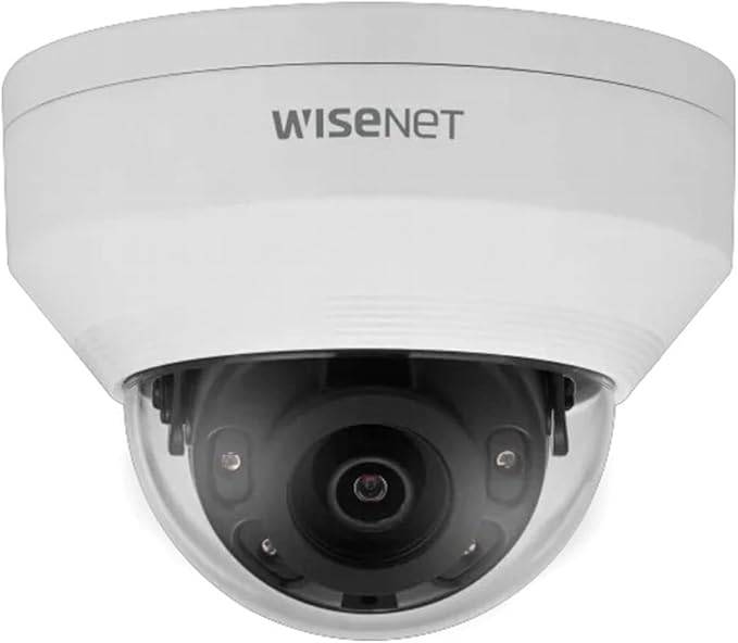 Hanwha Techwin LNV-6012R 2MP IR WDR outdoor dome camera with 2.8mm lens and RJ45 connection, mounted outdoors.