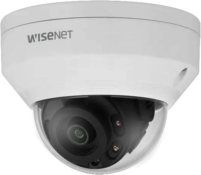 Hanwha Techwin LNV-6012R 2MP IR WDR outdoor dome camera with 2.8mm lens and RJ45 connection, mounted outdoors.