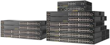 Hewlett Packard Aruba 2930F-48G-POE network switch with 48 ports, featuring Power over Ethernet ports and a sleek black design.