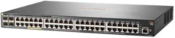 Hewlett Packard Aruba 2930F-48G-POE network switch with 48 ports, featuring Power over Ethernet ports and a sleek black design.