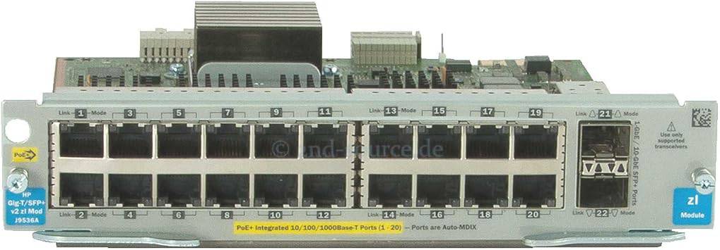 HP 20P GT POE+ 2P SFP+ V2 ZL module for ProCurve networking, shown installed in a networking device.