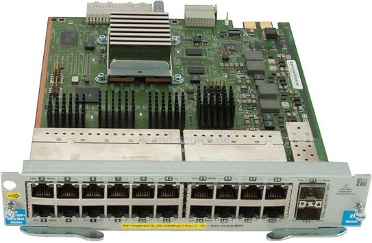HP 20P GT POE+ 2P SFP+ V2 ZL module for ProCurve networking, shown installed in a networking device.