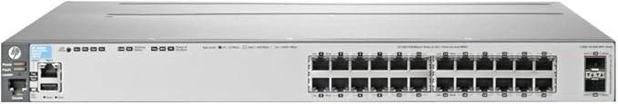 HP E3800-24G-2SFP+ Layer 3 switch with 24 Gigabit Ethernet ports and 2 SFP+ uplink slots, featuring a compact network device design.