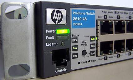 HP J9088A ProCurve 2610-48 managed switch with 48 Ethernet ports, black metal chassis, and front-panel port labels.