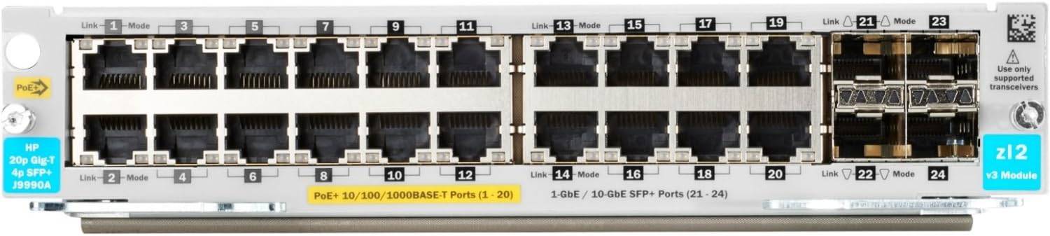 HP J9990AHP 20-port 10/100/1000BASE-T PoE+ and 4-port 1G/10GbE SFP+ MACsec v3 zl2 module for network connectivity