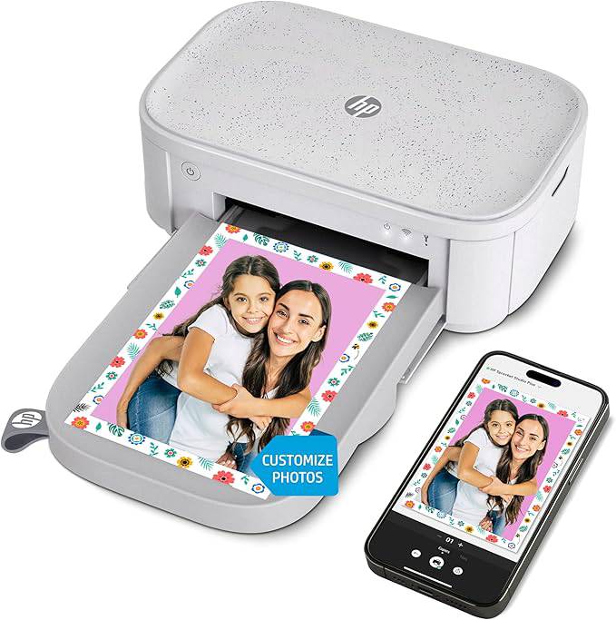 HP Sprocket Studio Plus WiFi printer printing 4x6-inch photos wirelessly from iOS and Android devices.