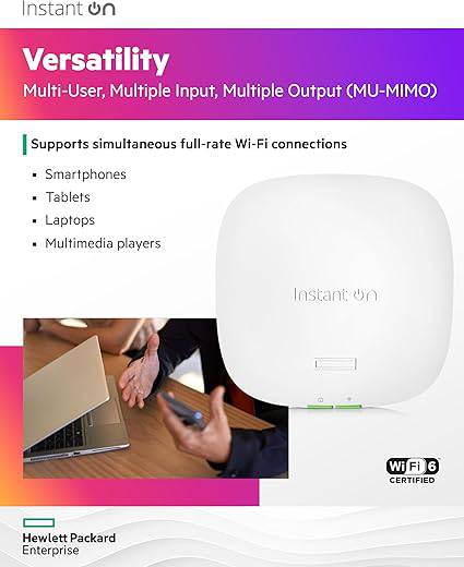 HPE Networking Instant On AP22 WiFi 6 indoor wireless access point with long range, secure connection, and smart mesh support.