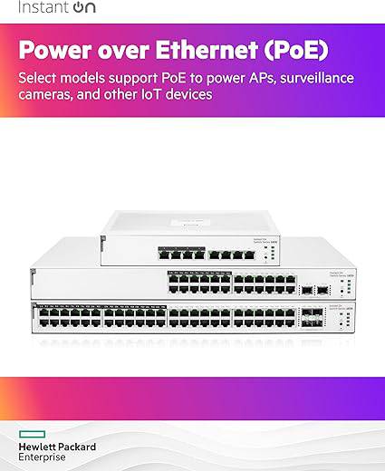 HPE Networking Instant On Switch Series 1830 48-port Gigabit Ethernet Layer 2 switch with PoE, SFP ports, fan-less design, US cord