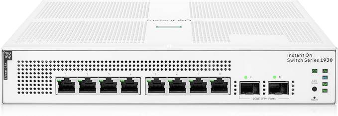 HPE Networking Instant On Switch Series 1930 8-Port Gb Layer 2+ Ethernet switch with PoE, SFP ports, US power cord.