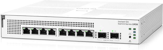 HPE Networking Instant On Switch Series 1930 8-Port Gb Layer 2+ Ethernet switch with PoE, SFP ports, US power cord.