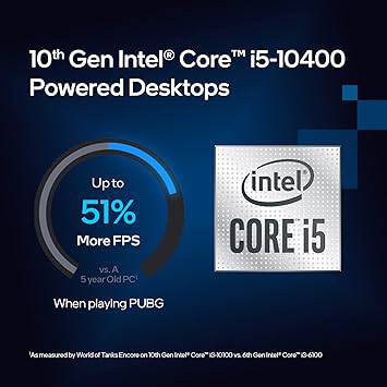 Intel Core i5-10400 desktop processor with 6 cores, up to 4.3 GHz, LGA1200 socket, 65W power, shown with its packaging.