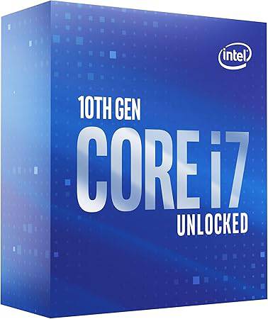 Intel Core i7-10700K desktop processor with 8 cores, up to 5.1 GHz, LGA1200 socket, shown with heatsink and motherboard.