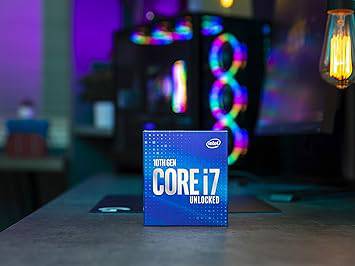 Intel Core i7-10700K desktop processor with 8 cores, up to 5.1 GHz, LGA1200 socket, shown with heatsink and motherboard.