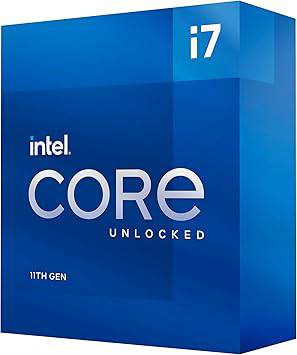 Intel Core i7-11700K desktop processor with 8 cores, up to 5.0 GHz, shown in a retail box with CPU socket and chipset compatibility details.