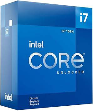 Intel Core i7-12700KF desktop processor with 12 cores, up to 5.0 GHz, LGA1700 socket and 125W power, shown on a motherboard.