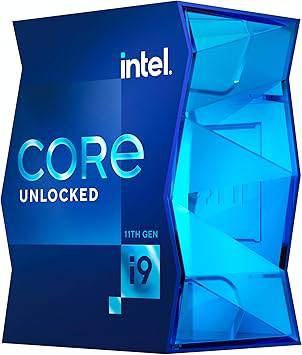 Intel Core i9-11900K desktop processor with 8 cores, up to 5.3 GHz, LGA1200 socket, shown with heatsink and motherboard slot