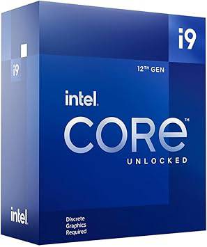 Intel Core i9-12900KF desktop processor with 16 cores, up to 5.2 GHz, LGA1700 socket, 125W, shown with processor and heatsink.