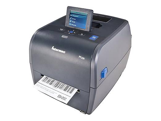 Intermec PC43T thermal transfer desktop printer with LCD display, USB ports, tear-off feature, and real-time clock.