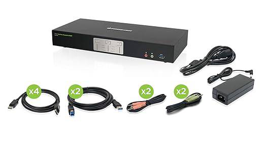 IOGEAR 2-Port 4K Dual View DisplayPort KVMP switch with USB 3.0 hub and audio, includes full set of cables.