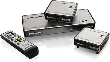 IOGEAR GWHDMS52MBK2 long-range wireless HDMI matrix PRO with 5x2 inputs and extra receiver, displaying multiple HDMI devices.