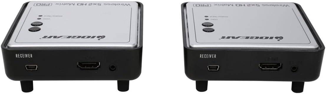 IOGEAR GWHDMS52MBK2 long-range wireless HDMI matrix PRO with 5x2 inputs and extra receiver, displaying multiple HDMI devices.