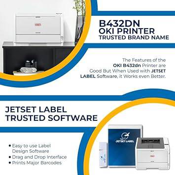 OKI B432dn monochrome printer by JetSet Label with 42ppm speed and included software, black and white office printing device