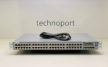 Juniper EX Series 48-port Gigabit Ethernet switch with PoE ports, displayed in a data center rack setup.