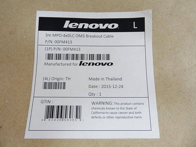 Lenovo 3m IBM MTP-4xLC OM3 MMF breakout cable with multiple fiber connectors and protective sleeve, used for high-speed data networking.