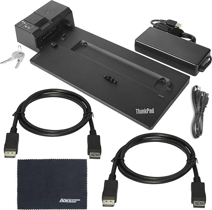 Lenovo 40AH0135US ThinkPad Pro docking station with two ZoomSpeed DisplayPort cables and AOM bundle, connected setup image