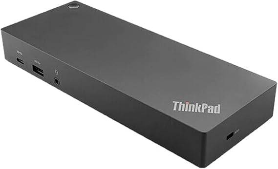 Lenovo ThinkPad Hybrid USB-C with USB-A Dock US connected to a laptop showing multiple ports and cable connections.