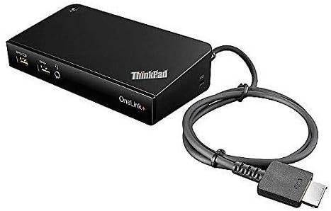 Lenovo ThinkPad OneLink Plus Dock with Ultra HD 4K video output and 90W power supply, connected to a laptop.