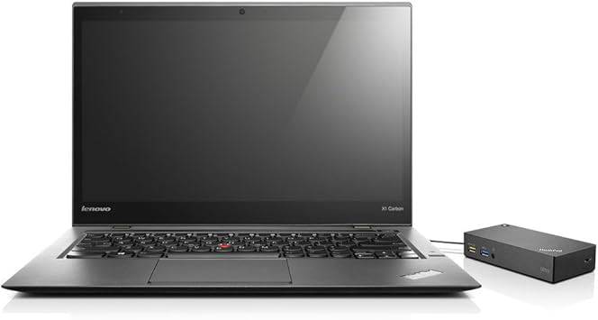 Lenovo ThinkPad USB 3.0 Ultra Dock connecting laptop with multiple ports for easy device expansion and workspace organization.