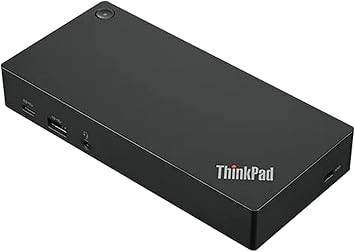 Lenovo ThinkPad USB-C Dock Gen2 UK connected to a laptop, featuring multiple ports and a sleek black design.