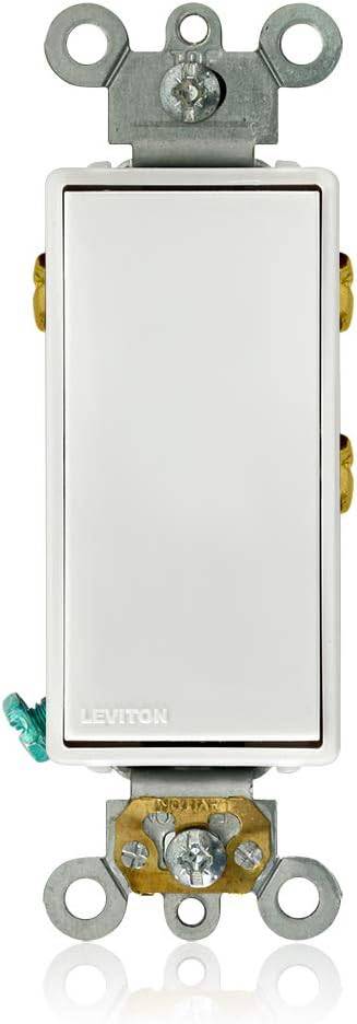 White Leviton 5685-2W Decora Plus rocker switch, 15 amp, single-pole double throw with center off for electrical control.