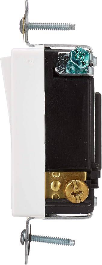 White Leviton 5685-2W Decora Plus rocker switch, 15 amp, single-pole double throw with center off for electrical control.