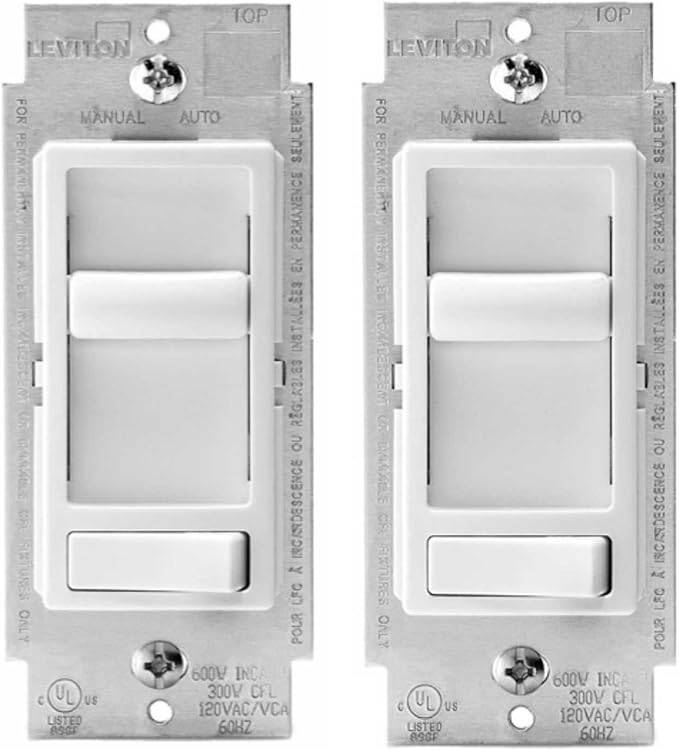 Two Leviton 6674-P0W SureSlide universal dimmers in white, designed for LED, CFL, and incandescent bulbs, 150W-600W.