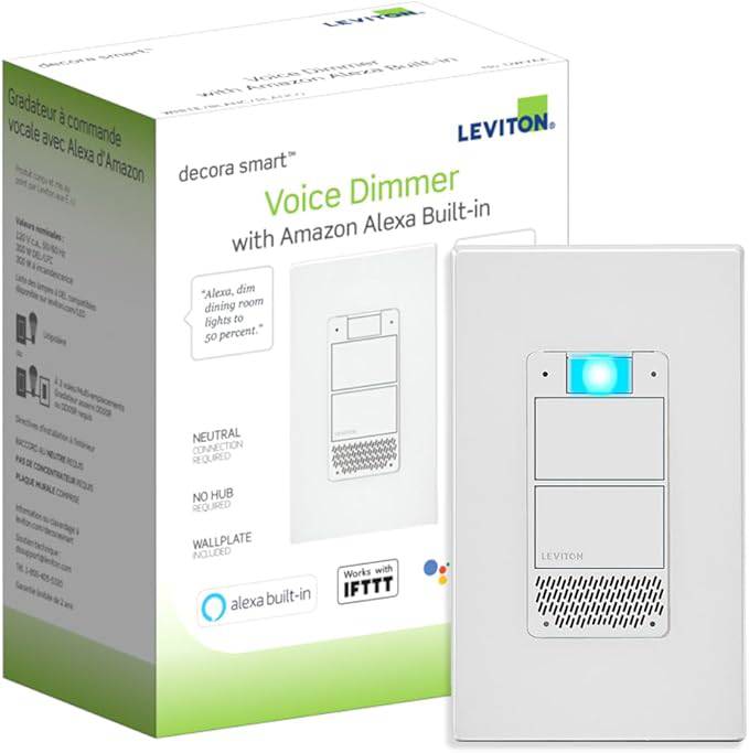 Leviton Decora Smart Dimmer with Amazon Alexa built-in, white Wi-Fi voice-activated light switch with screwless wallplate.