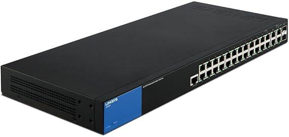 Linksys 28-port managed gigabit switch with multiple Ethernet ports, ideal for business network connectivity.