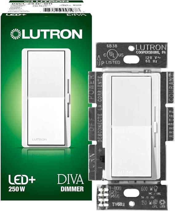 Lutron Diva LED+ dimmer switch in white for dimmable LED, halogen, and incandescent bulbs, 250W, single-pole or 3-way.
