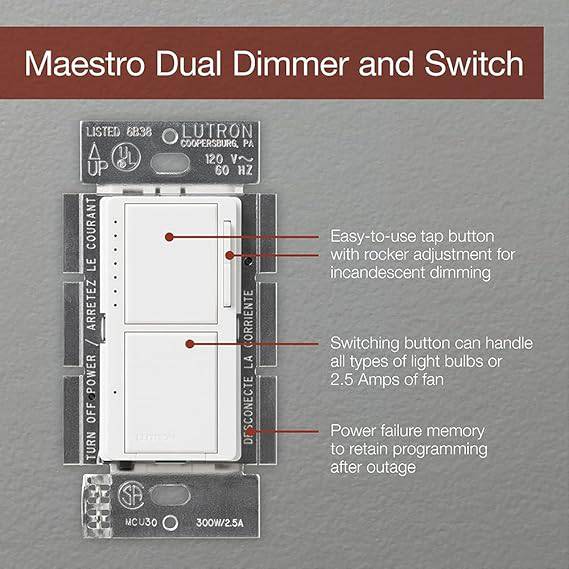 Lutron Maestro Dual Digital Dimmer and Switch, Only for Incandescent and Halogen Bulbs, 300-Watt Single Pole | MA-L3S25-WH | White