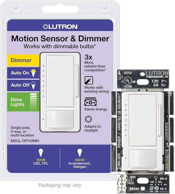 Lutron Maestro Motion Sensor Dimmer Switch for Bathroom, Garage, Laundry Room, and Closet, Occupancy and Vacancy Sensor, Single-Pole/Multi-Location, No Neutral Required, MSCL-OP153M-WH, White