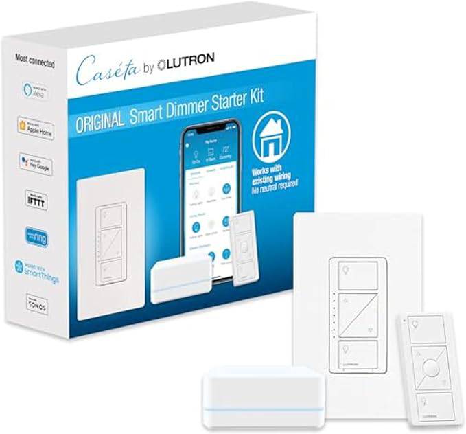 Lutron Caseta Wireless Dimmer Kit with Smart Bridge in white, includes dimmer switch and smart bridge for smart lighting control