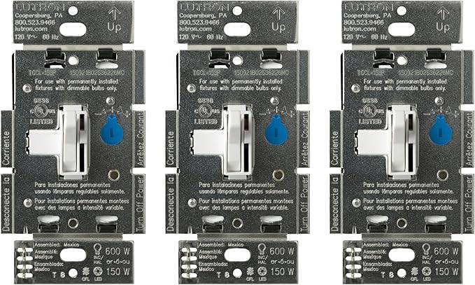 Lutron Toggler LED+ Dimmer Switch 3-pack in white, for dimmable LED, halogen, incandescent bulbs, 150W, single-pole or 3-way.