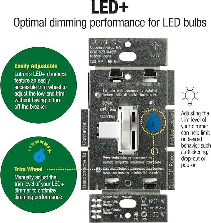 Lutron Toggler LED+ Dimmer Switch for Dimmable LED, Halogen and Incandescent Bulbs, 150 Watt, Single-Pole or 3-Way, TGCL-153P-WH-3, White, 3 Pack - TGCL-153P-WH-3